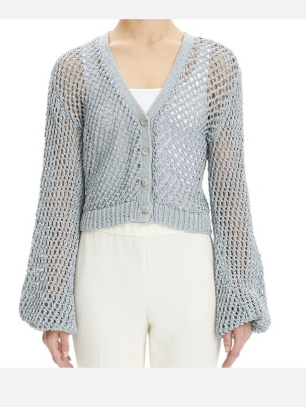 Theory Merletto Mesh Cardigan Ice Blue Gray Blue Open Knit Cropped Small Beach